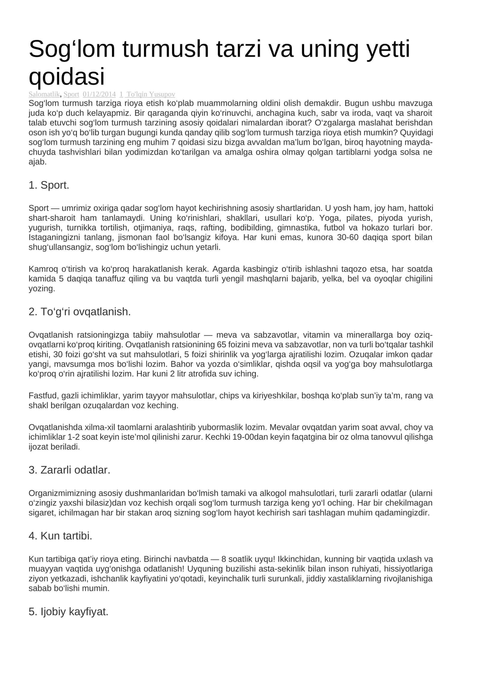 Sog‘lom turmush tarzi va uning yetti qoidasi