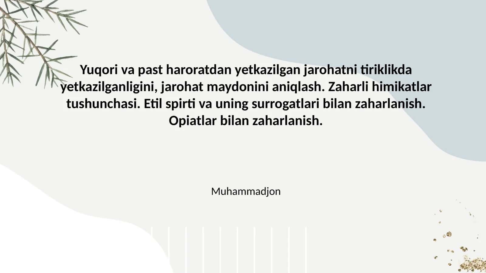 Zaharli kimyoviy moddalar bilan zaharlanishning umumiy tushunchasi va klassifikatsiyasi