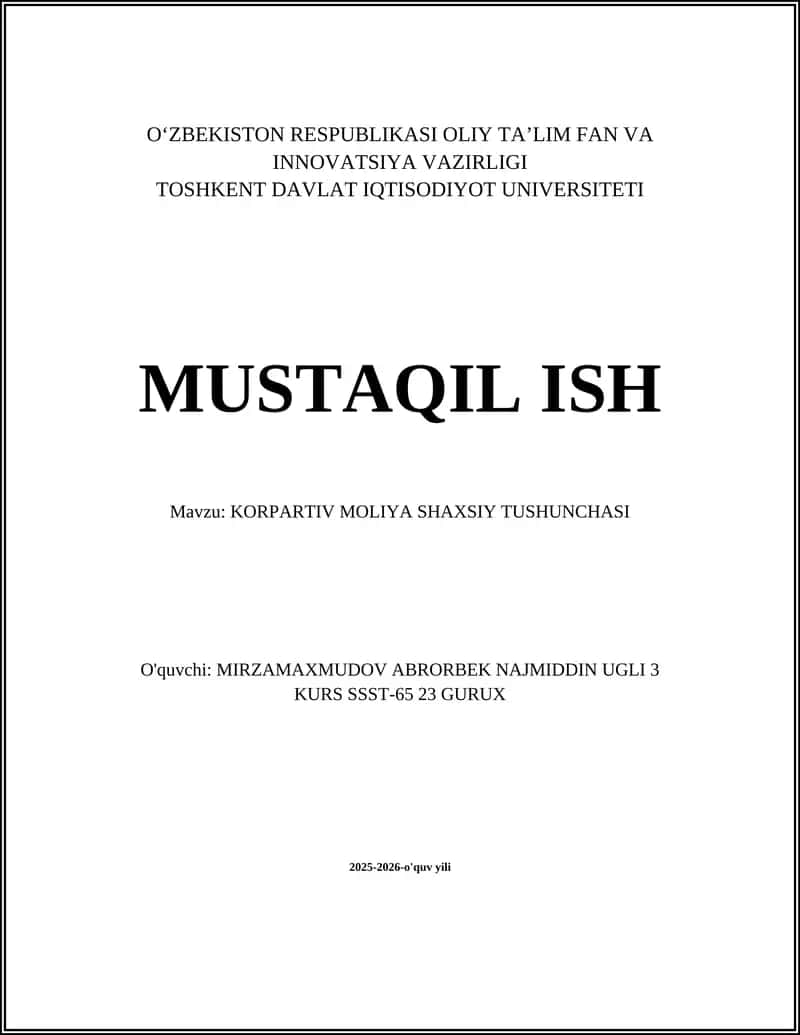 KORPARTIV MOLIYA SHAXSIY TUSHUNCHASI