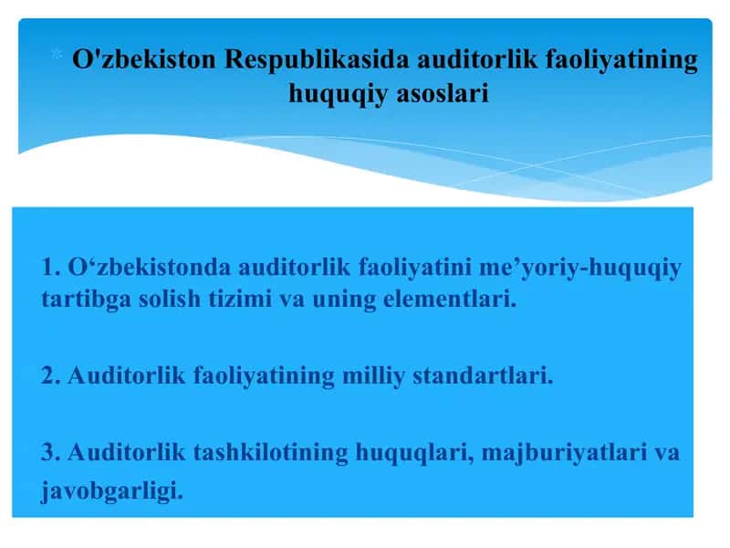 O‘zbekistonda auditorlik faoliyatini me’yoriy-huquqiy tartibga solish tizimi va uning elementlari