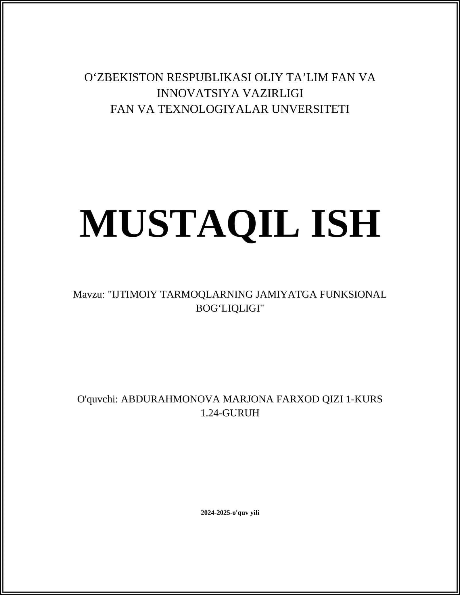 Ijtimoiy tarmoqlarning jamiyatga funktsional bog'liqli [IJTIMOIY TARMOQLARNING JAMIYATGA FUNKSIONAL BOGʻLIQLIGI]