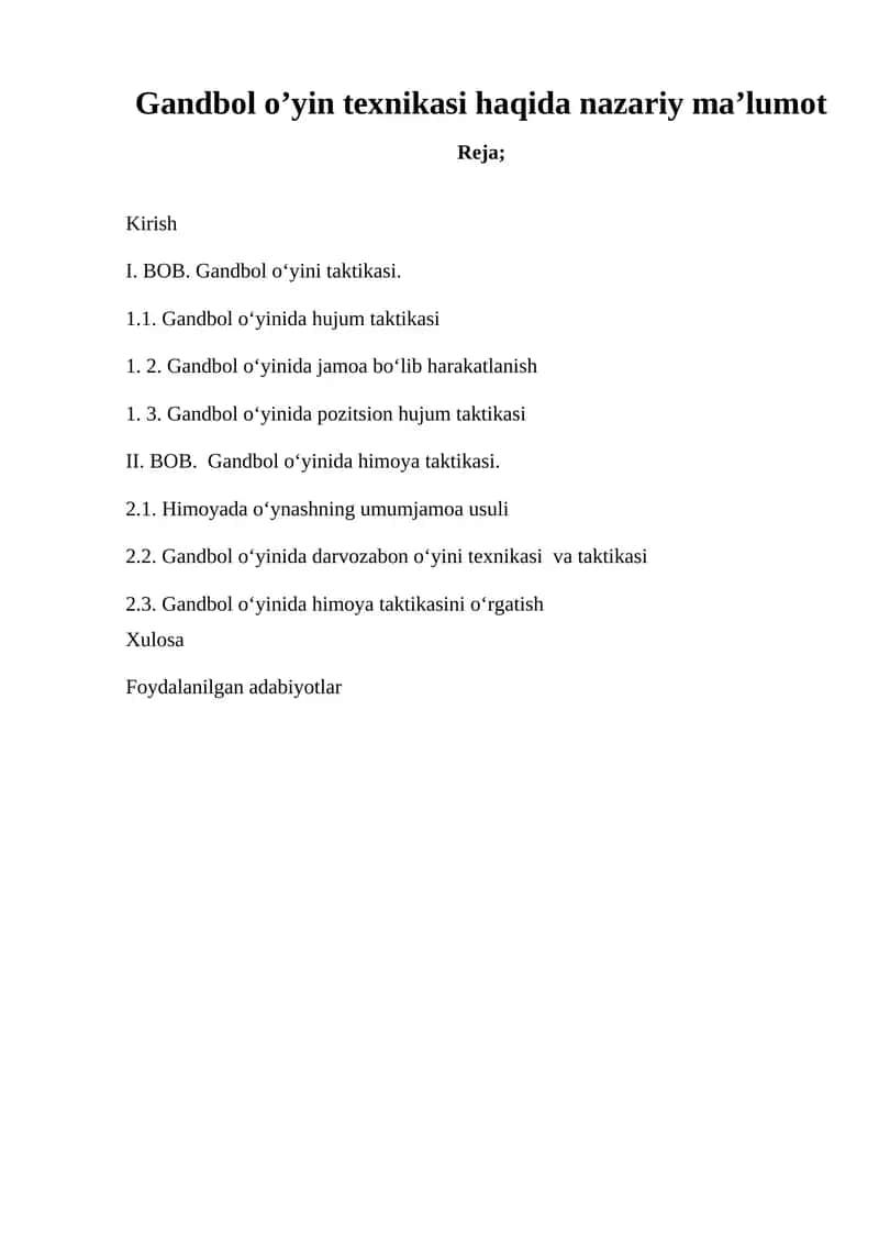 "Gandbol o’yin texnikasi haqida nazariy ma’lumot"