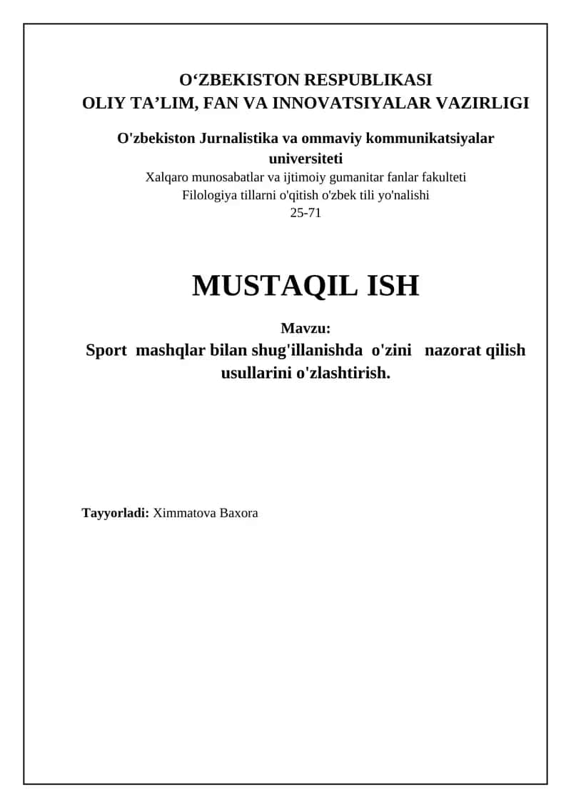 Sport mashqlarida o'z-o'zini nazorat qilish texnikalari