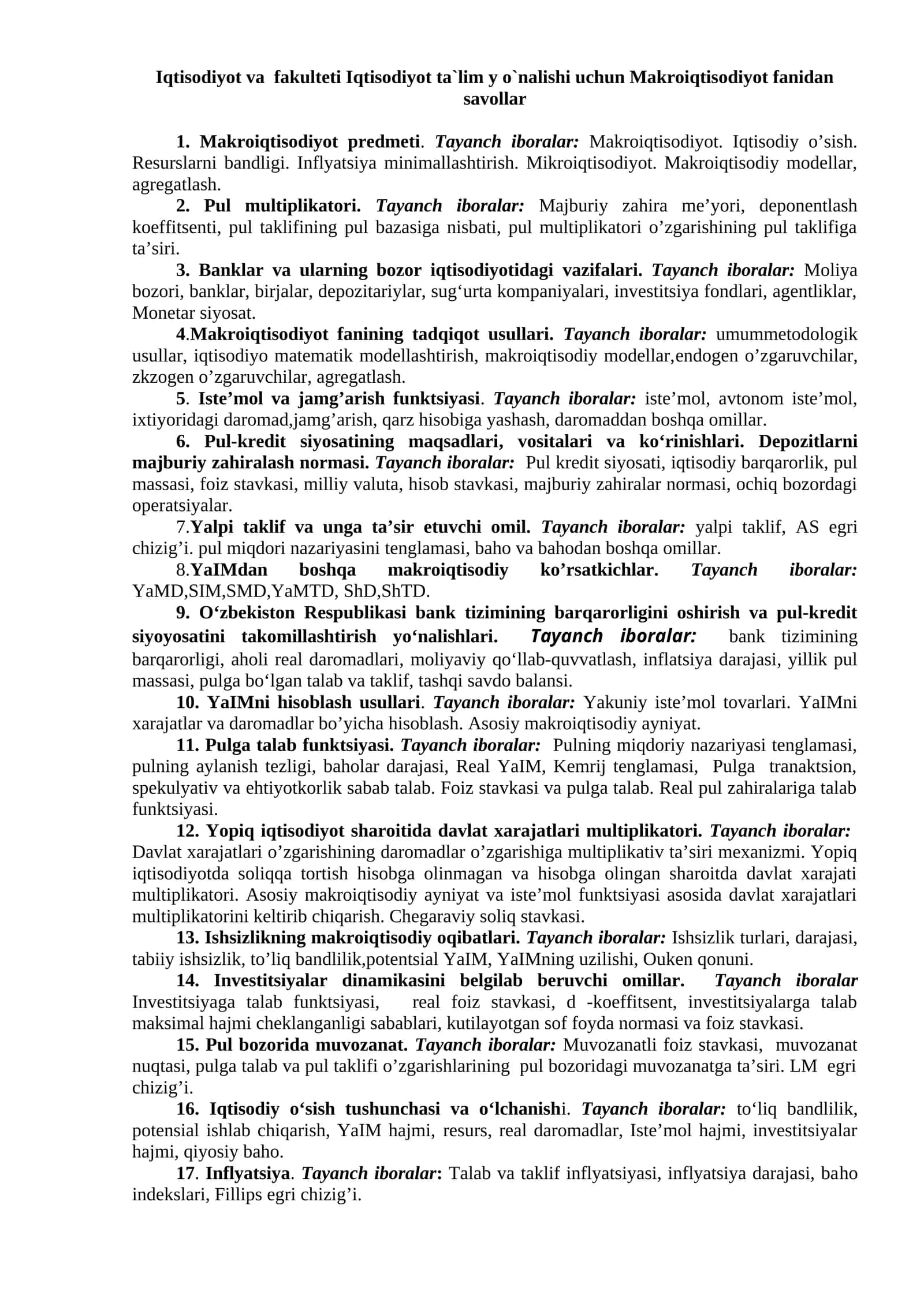 Makroiqtisodiyot fanidan savollar