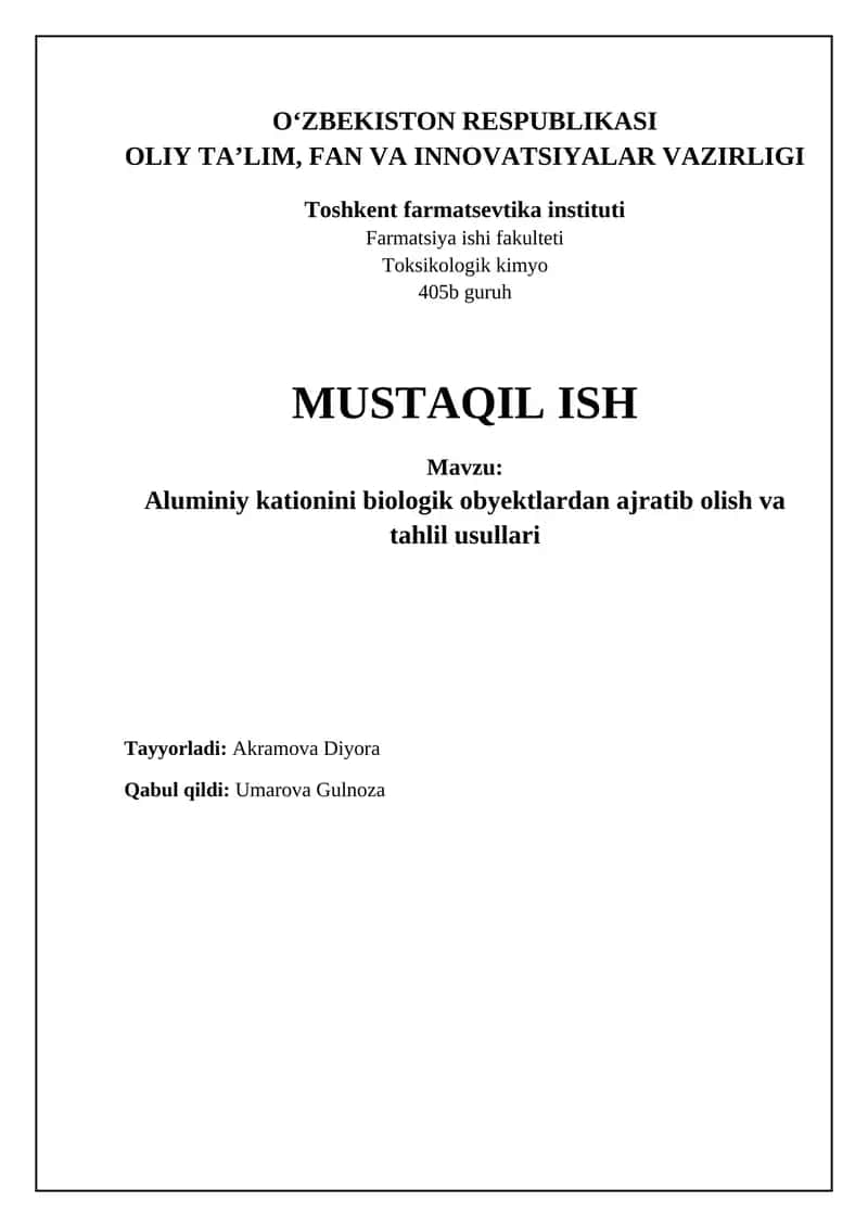 Aluminiy kationini biologik obyektlardan ajratib olish va tahlil usullari