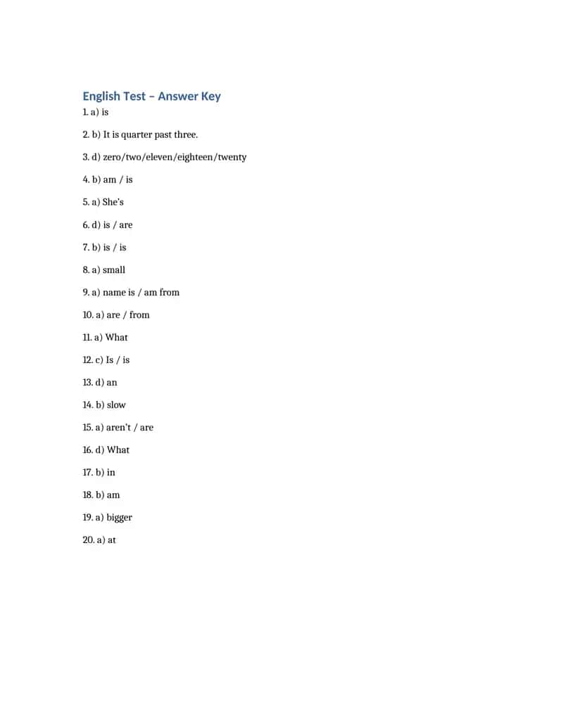 English Test – Answer Key