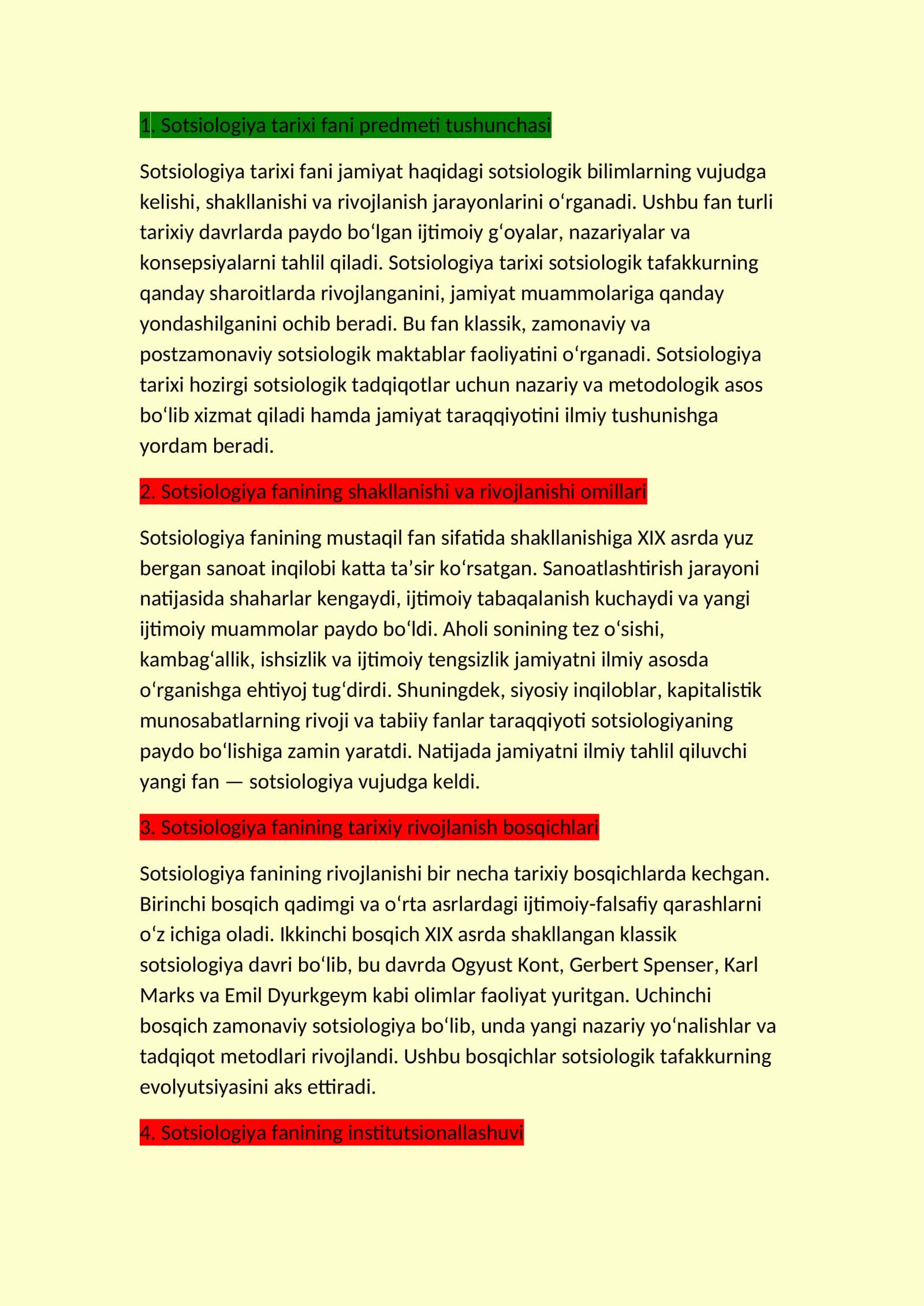 Sotsiologiya tarixi fani predmeti tushunchasi