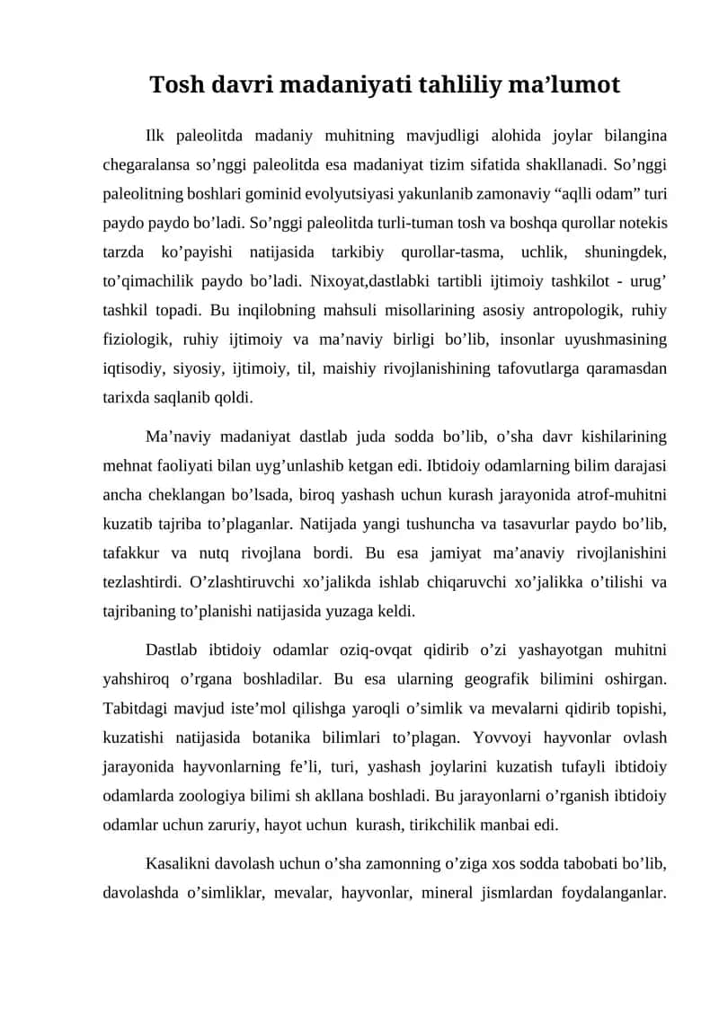 Tosh davri madaniyati tahliliy ma’lumot