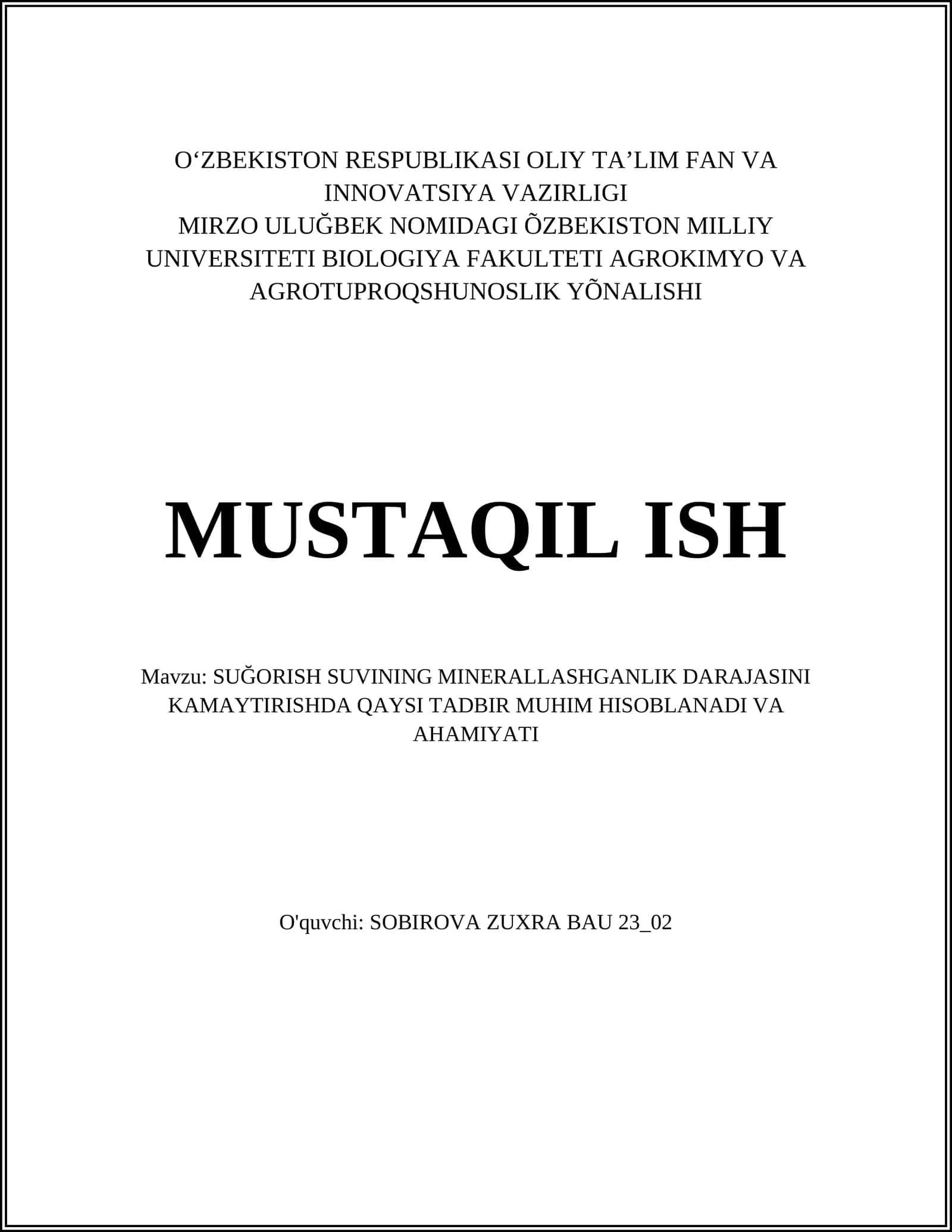 SUĞORISH SUVINING MINERALLASHGANLIK DARAJASINI KAMAYTIRISHDA QAYSI TADBIR MUHIM HISOBLANADI VA AHAMIYATI