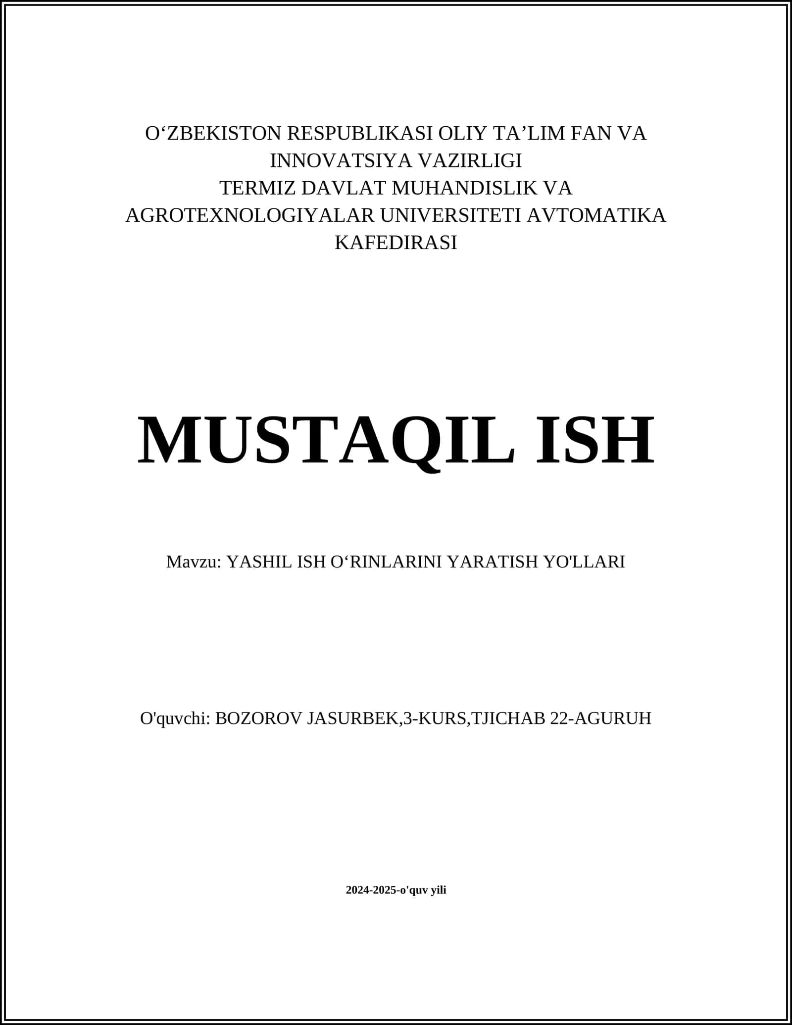 YASHIL ISH OʻRINLARINI YARATISH YO'LLARI