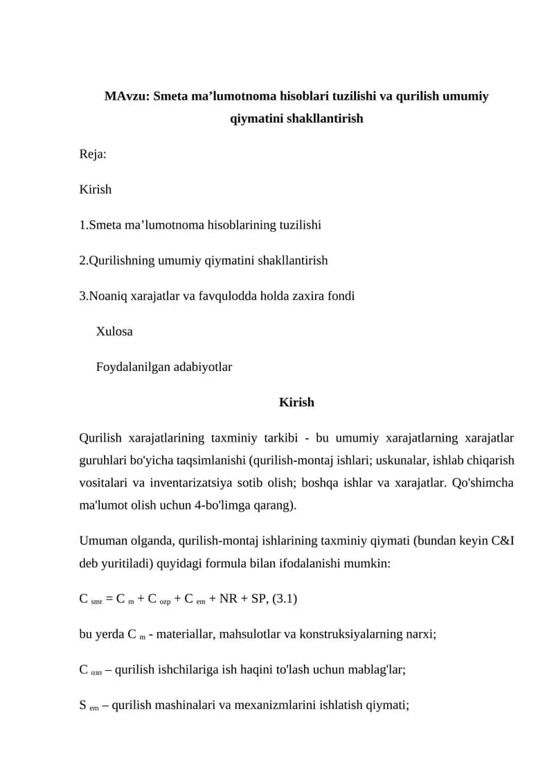 Qurilish xarajatlarini tuzish