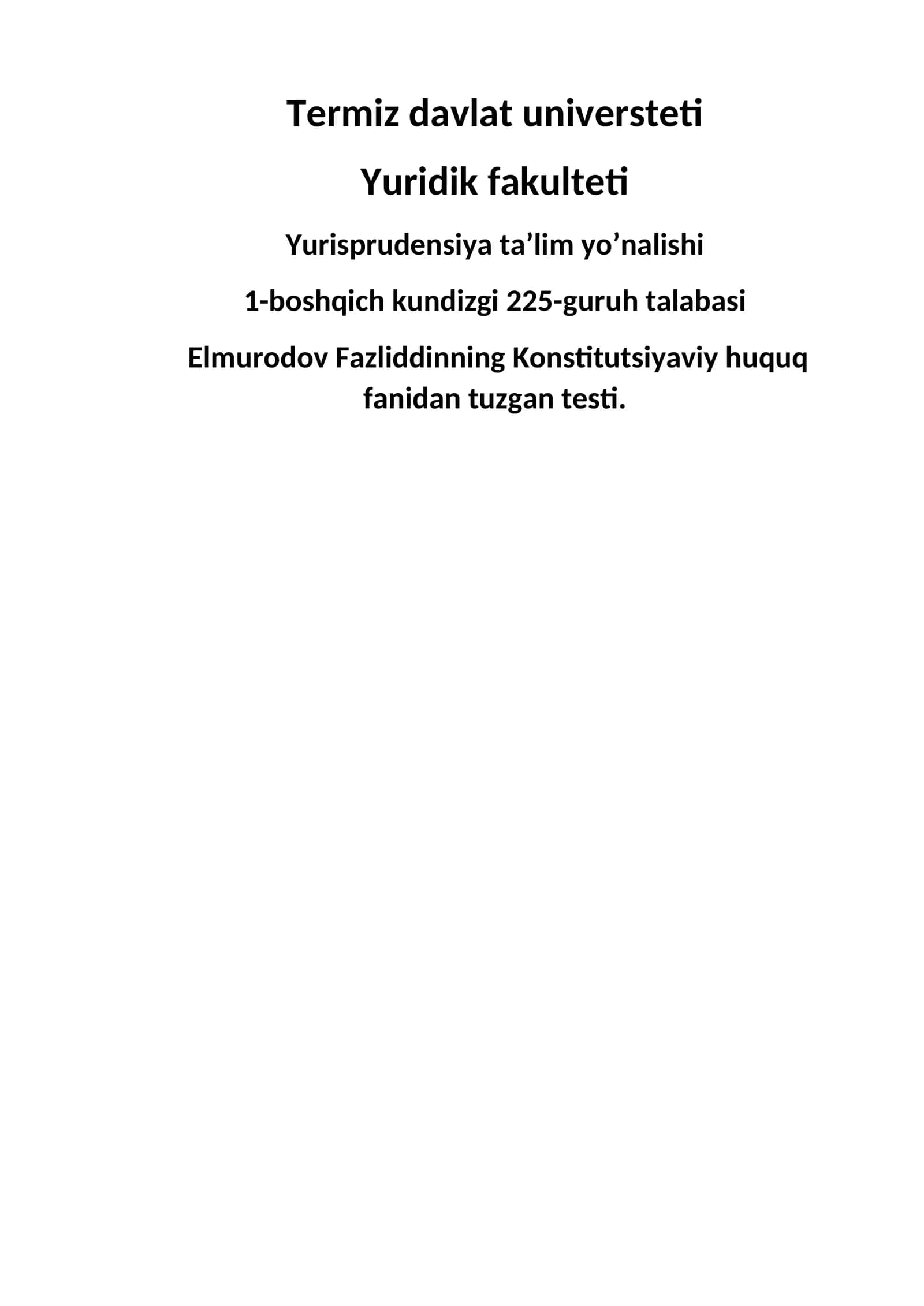 Yurisprudensiya ta’lim yo’nalishi test savollari