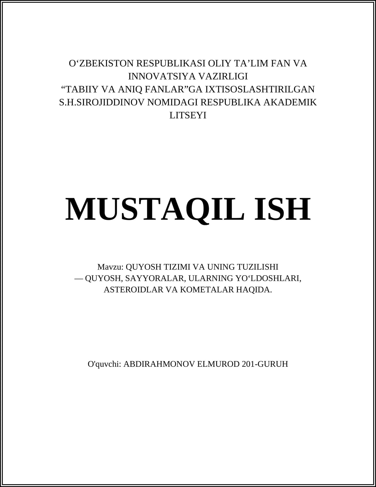 QUYOSH TIZIMI VA UNING TUZILISHI