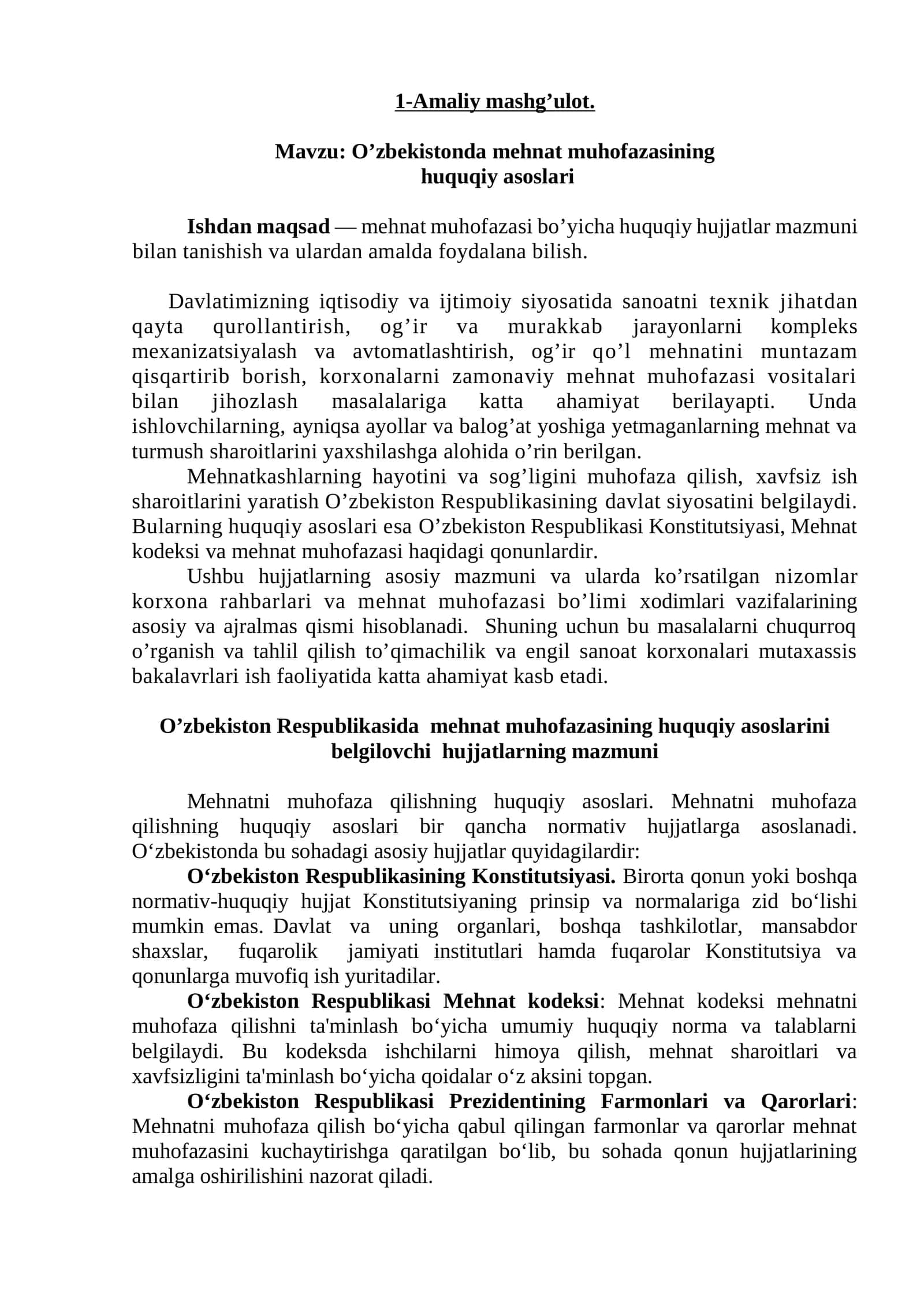 O’zbekistonda mehnat muhofazasining huquqiy asoslari