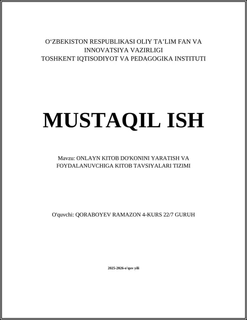 ONLAYN KITOB DO'KONINI YARATISH VA FOYDALANUVCHIGA KITOB TAVSIYALARI TIZIMI