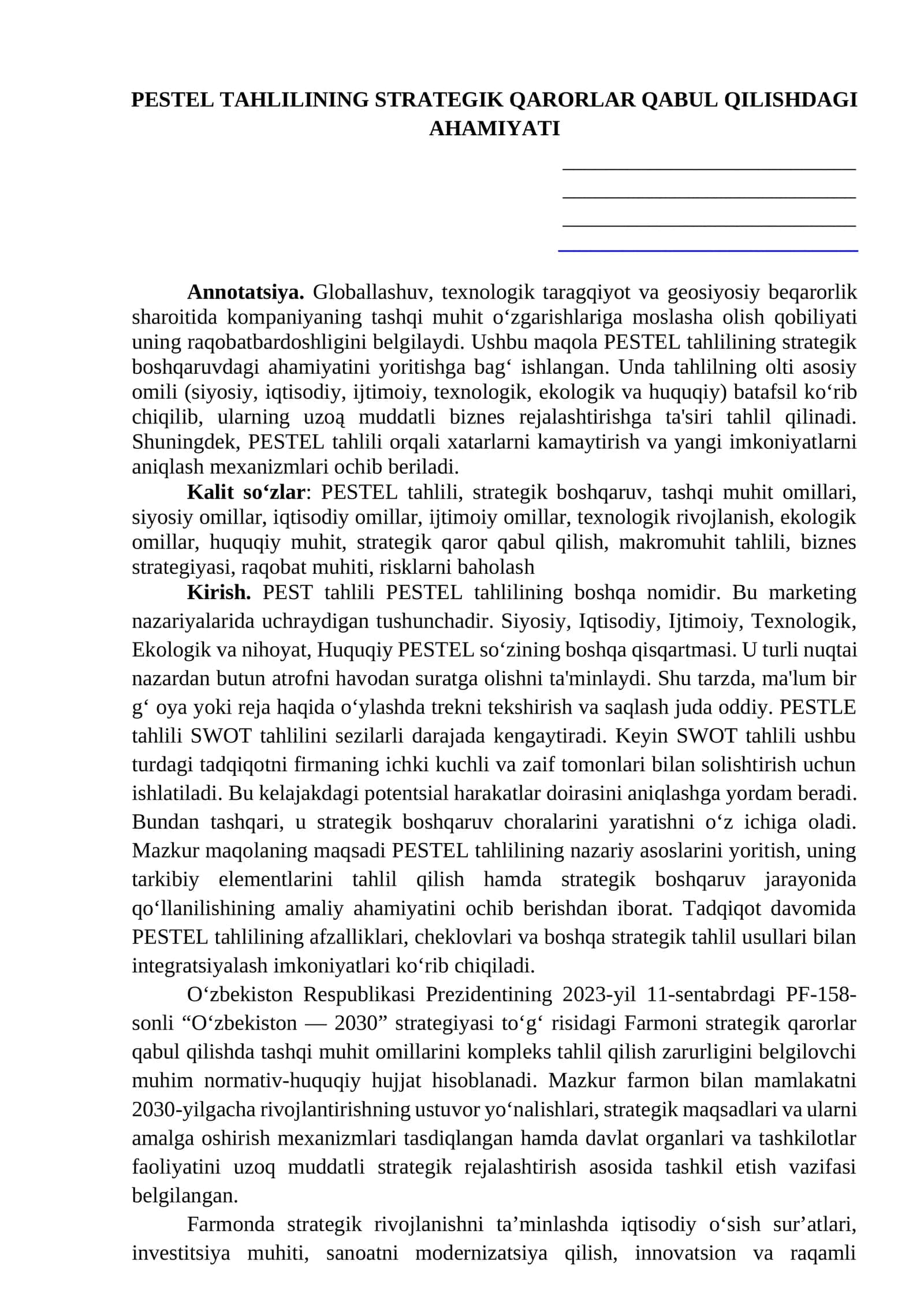 PESTEL TAHLILINING STRATEGIK QARORLAR QABUL QILISHDAGI AHAMIYATI