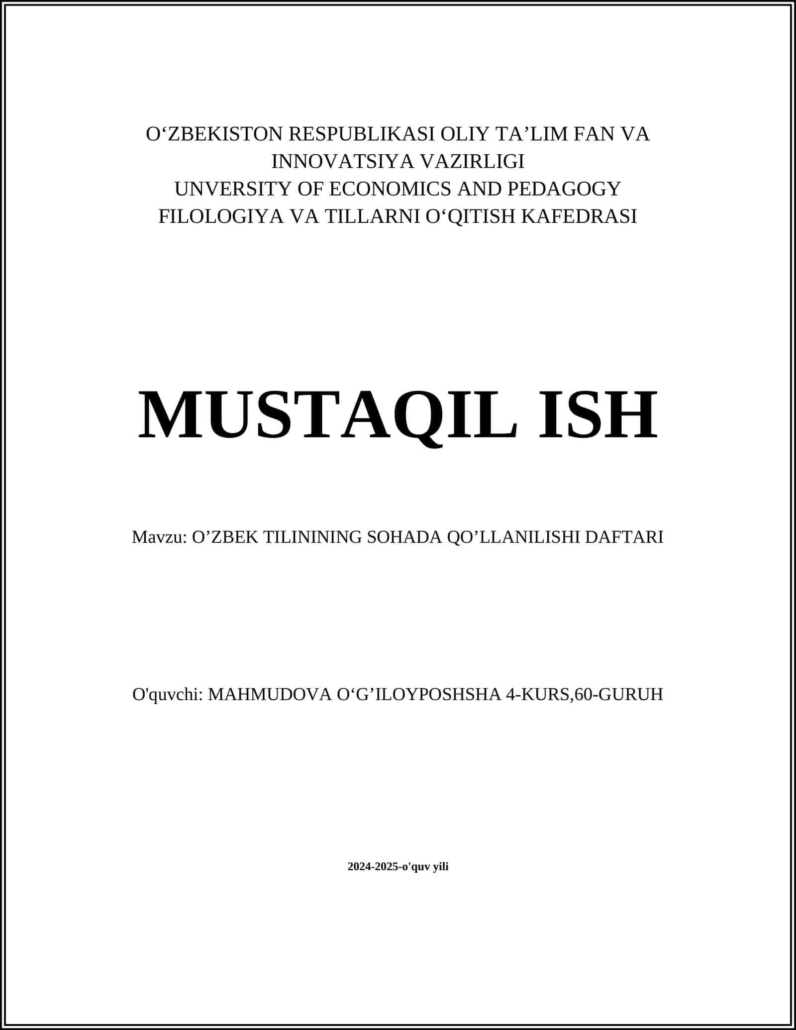 O‘ZBEK TILINING SOHADA QO’LLANILISHI DAFTARI