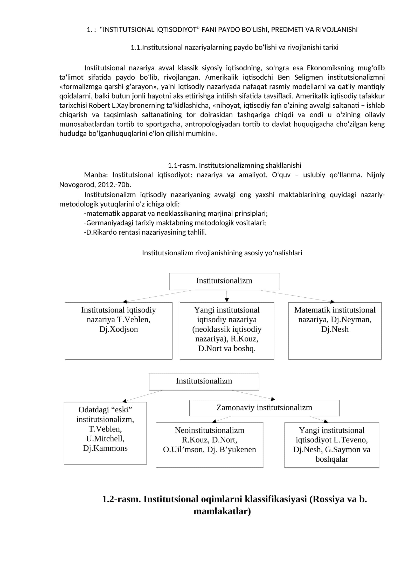 INSTITUTSIONAL IQTISODIYOT FANI PAYDO BO'LISHI, PREDMETI VA RIVOJLANISHI