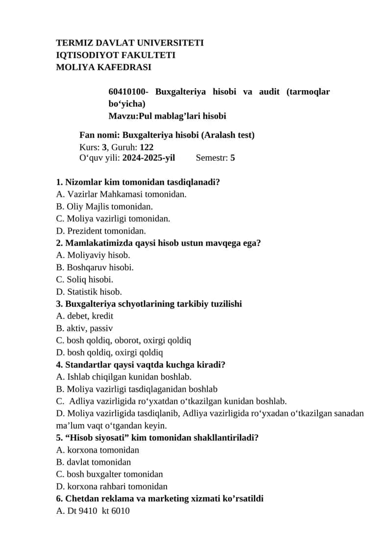 Buxgalteriya hisobi (Aralash test)