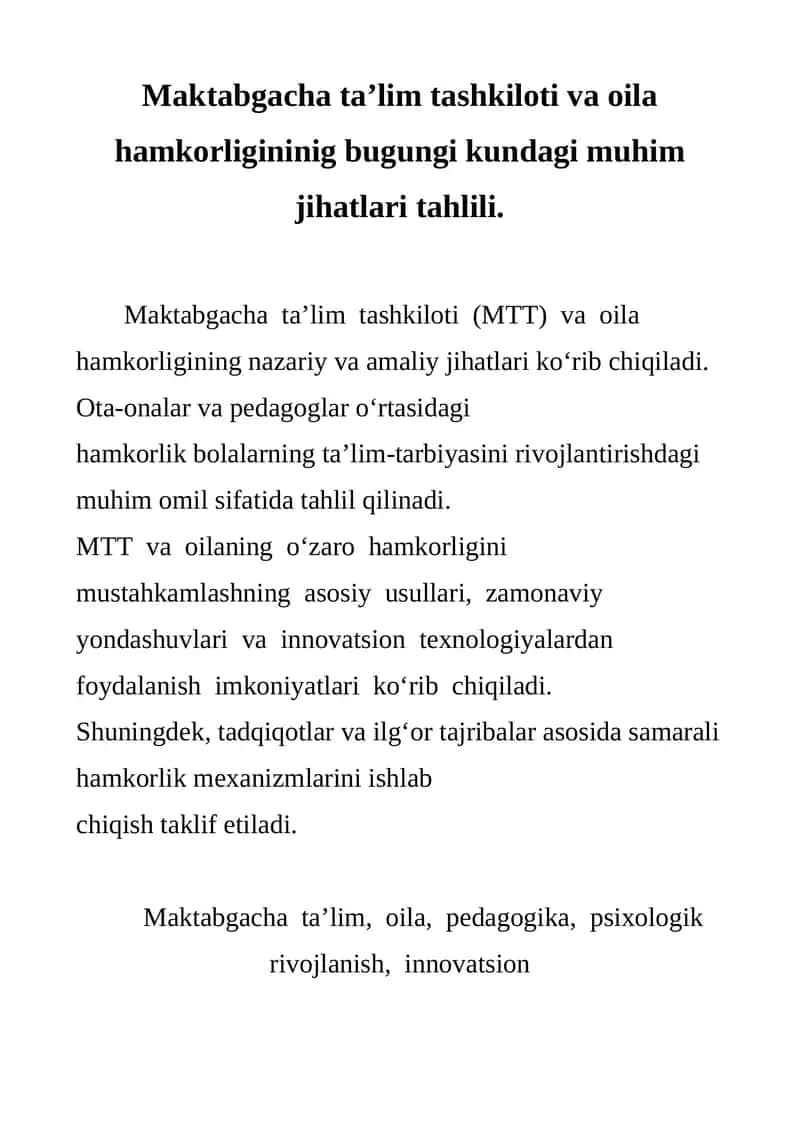 Maktabgacha ta’lim tashkiloti va oila hamkorligininig bugungi kundagi muhim jihatlari tahlili