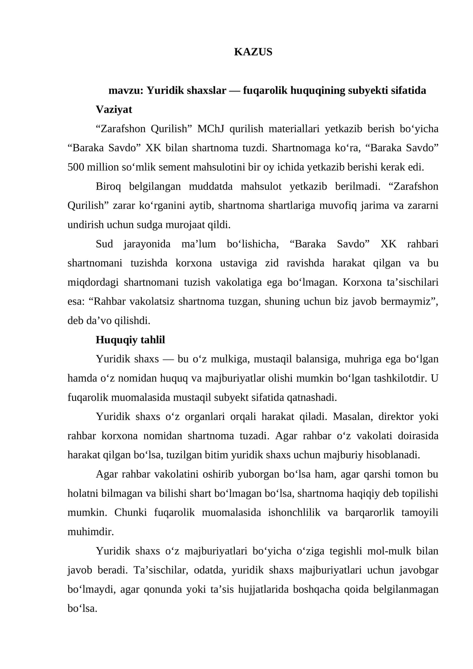KAZUS Yuridik shaxslar — fuqarolik huquqining subyekti sifatida