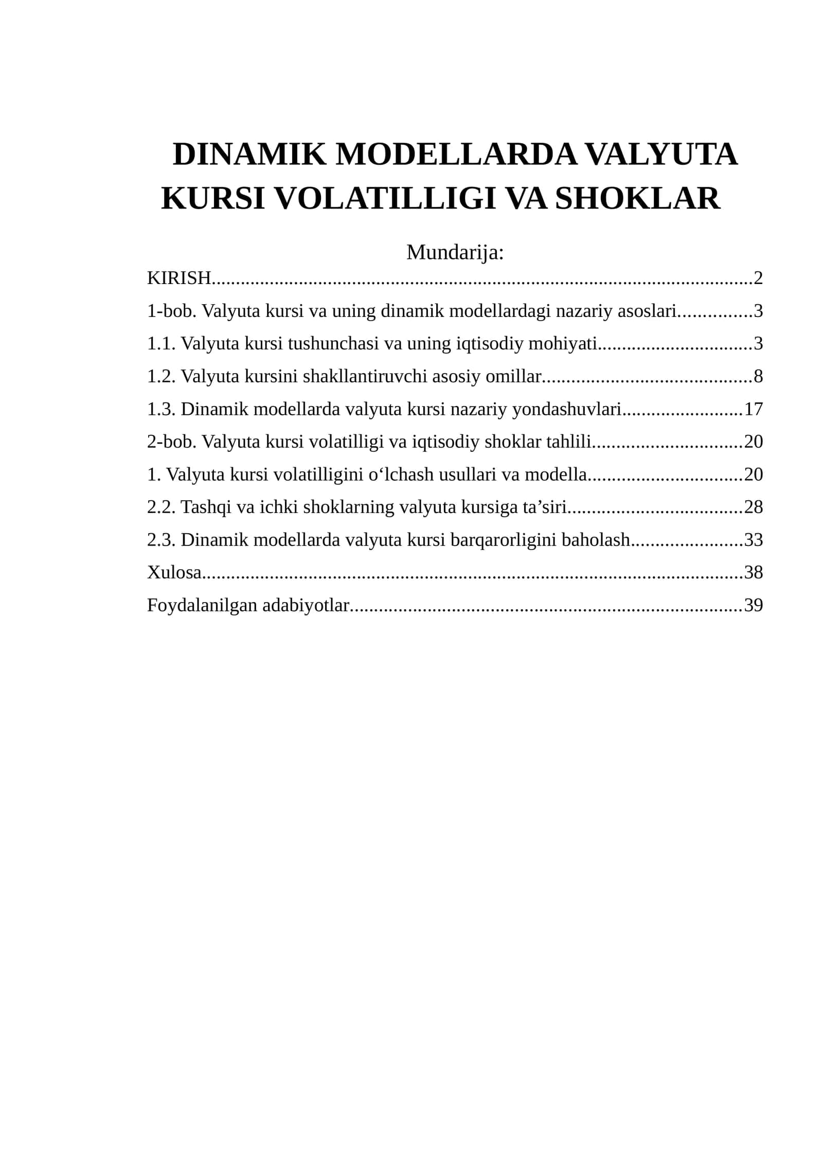 DINAMIK MODELLARDA VALYUTA KURSI VOLATILLIGI VA SHOKLAR
