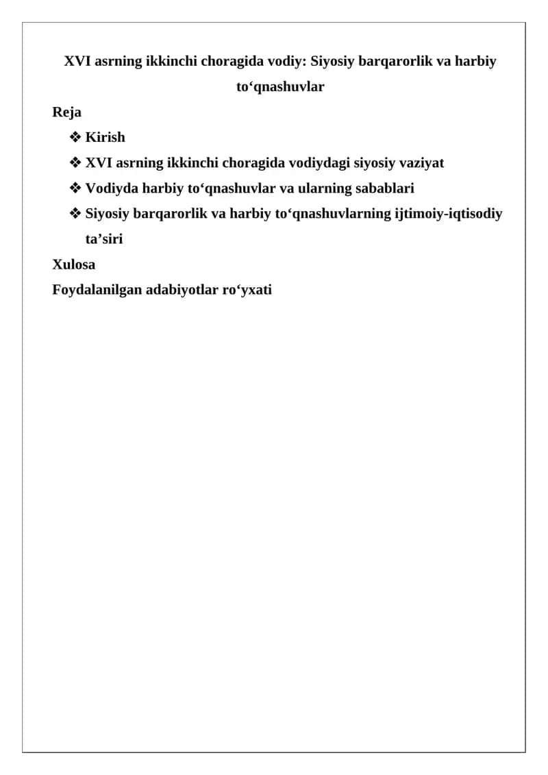Vodiy: Siyosiy barqarorlik va harbiy to‘qnashuvlar
