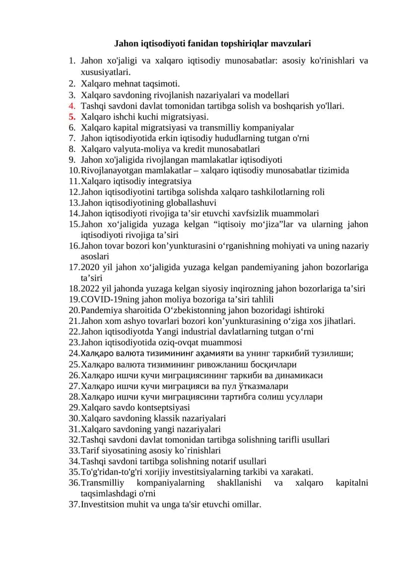 Jahon iqtisodiyoti fanidan topshiriqlar mavzulari