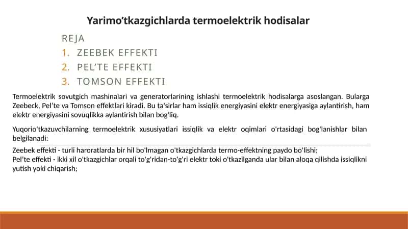 Yarimo’tkazgichlar termoelektrik hodisalar