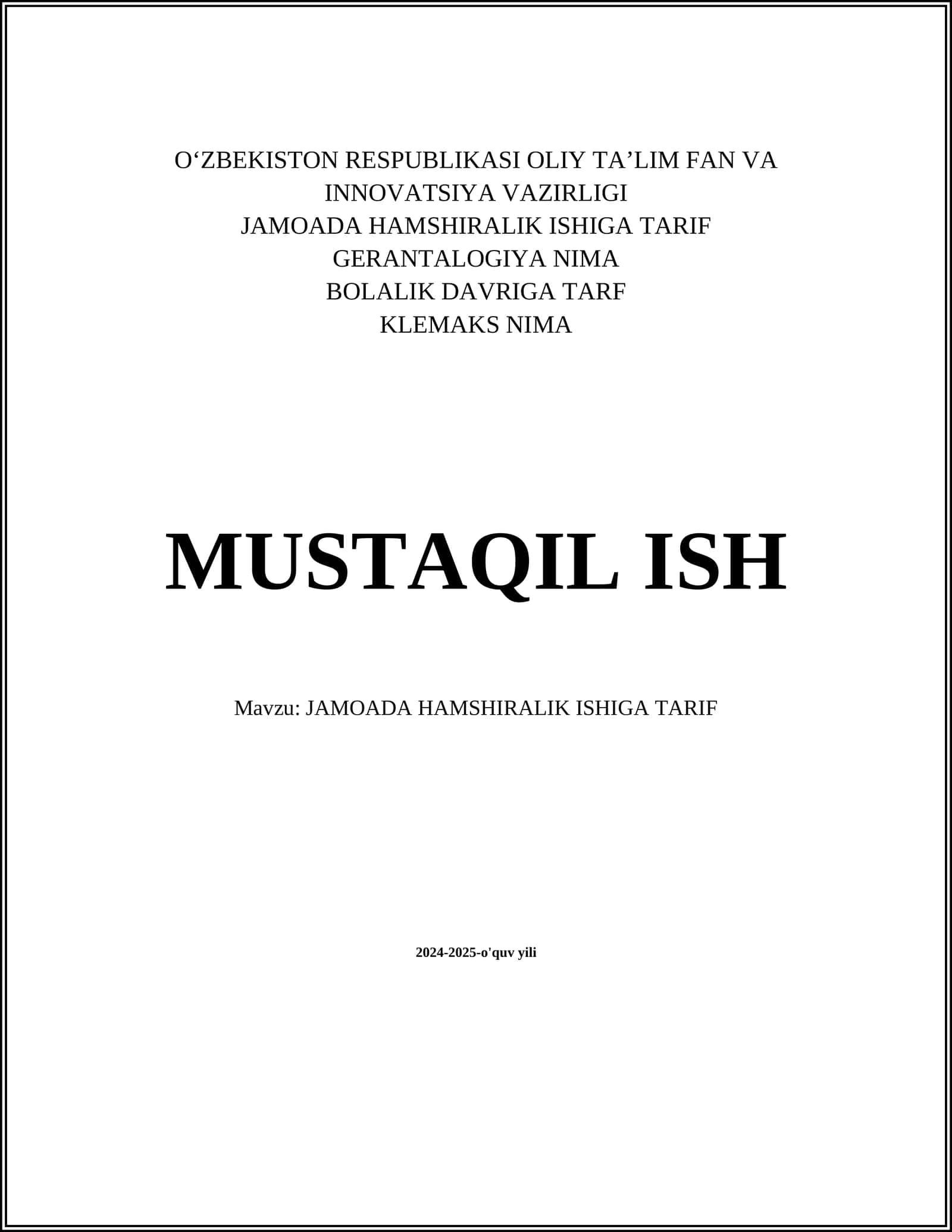JAMOADA HAMSHIRALIK ISHIGA TARIF
