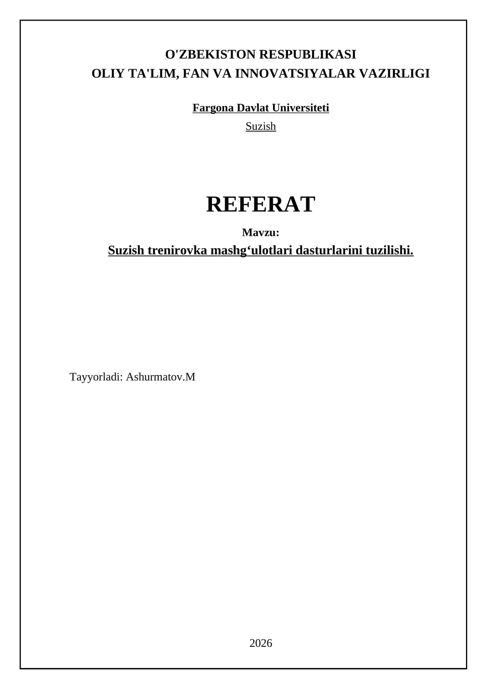 Suzish trenirovka mashgʻulotlari dasturlarini tuzilishi