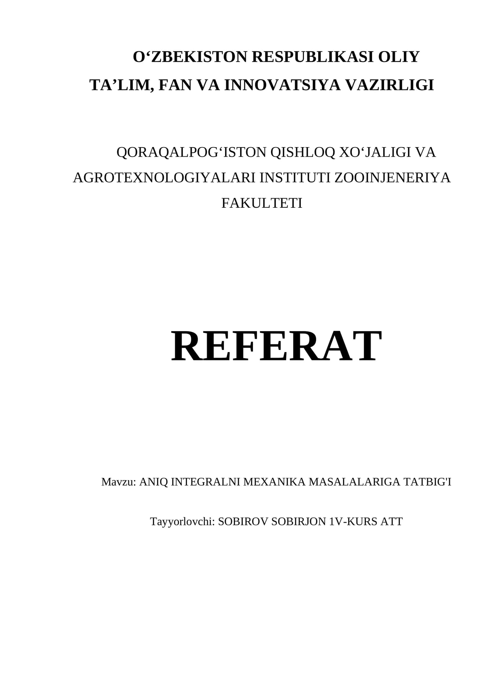 ANIQ INTEGRALNI MEXANIKA MASALALARIGA TATBIG'I