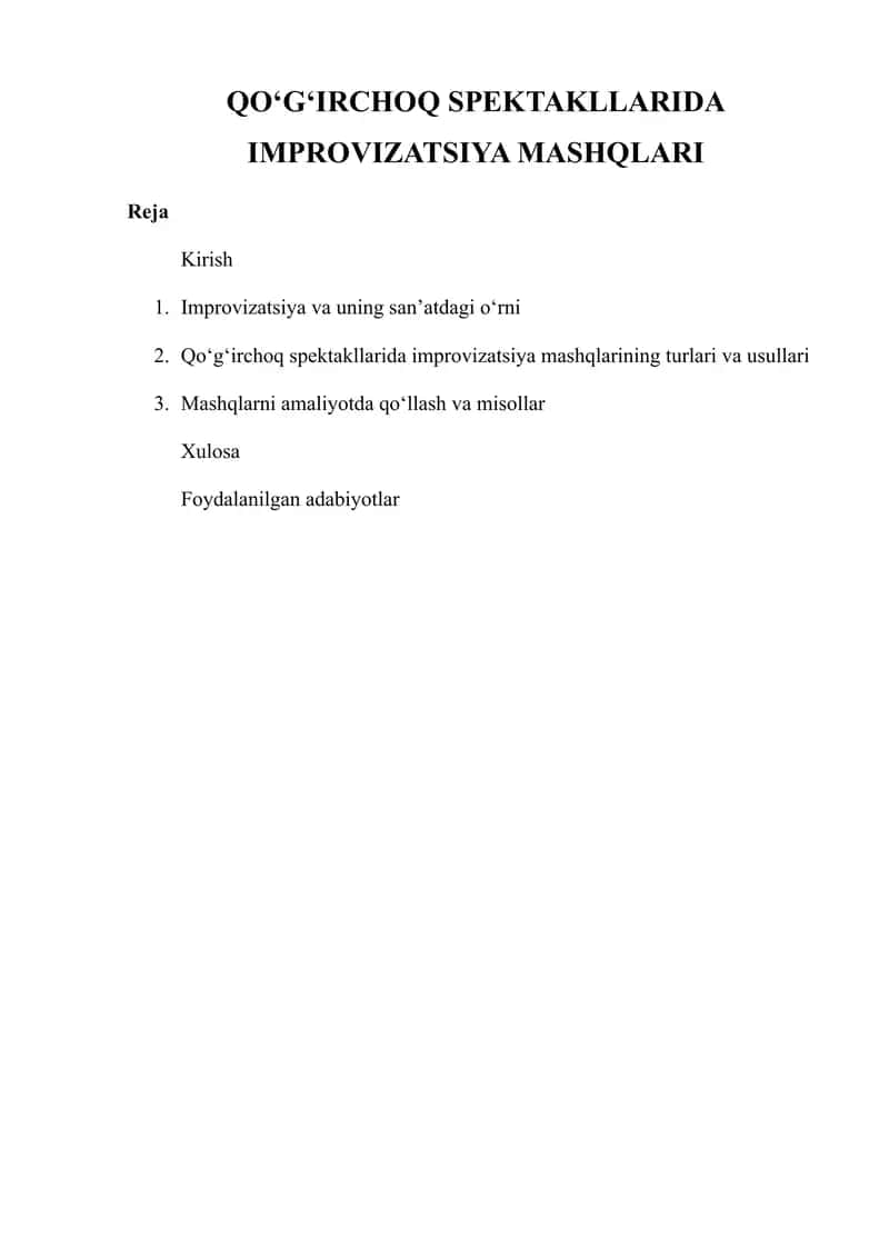 QO‘G‘IRCHOQ SPEKTAKLLARIDA IMPROVIZATSIYA MASHQLARI