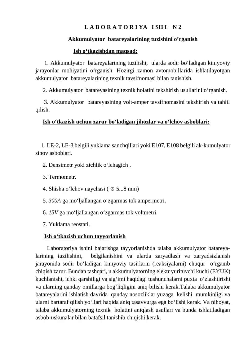 Akkumulyator batareyalarining tuzishini o’rganish