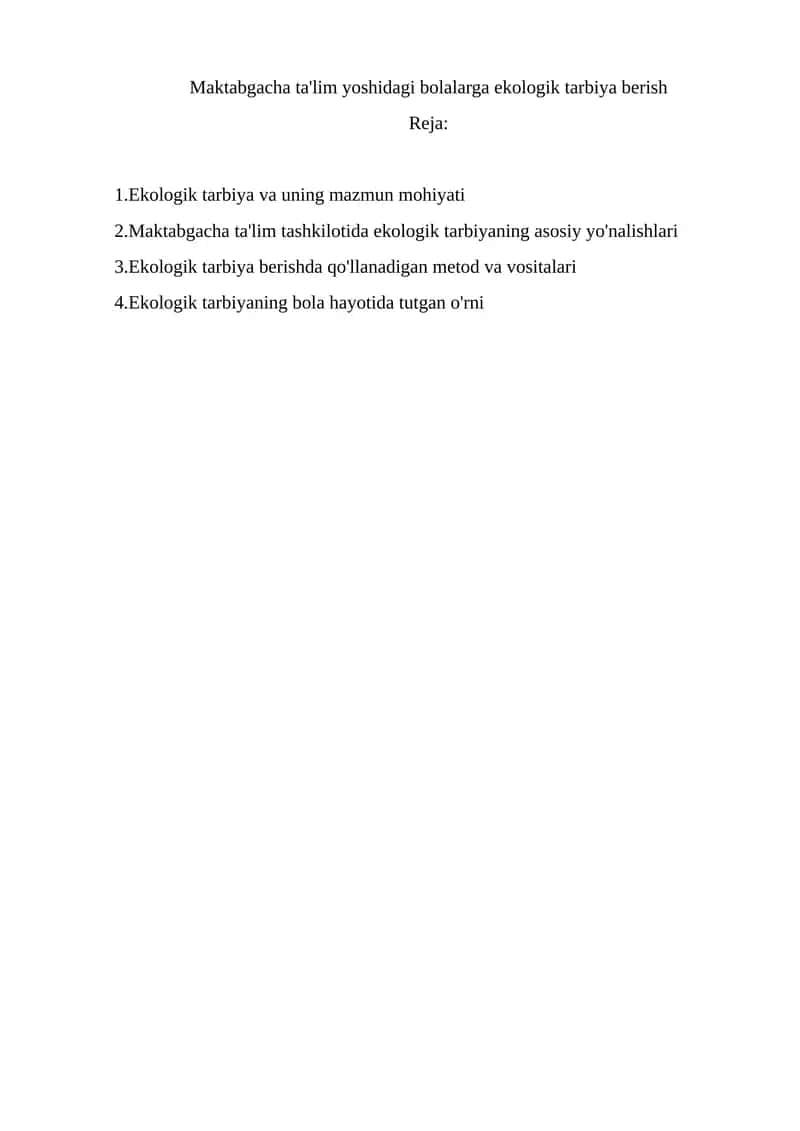 Maktabgacha ta'lim yoshidagi bolalarga ekologik tarbiya berish
