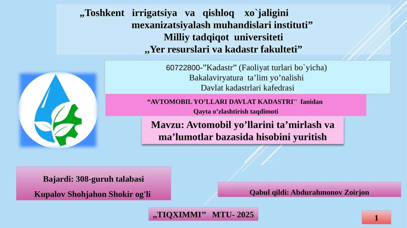 Avtomobil Yo’llari Davlat Kadastriga Hisobini Yuritish