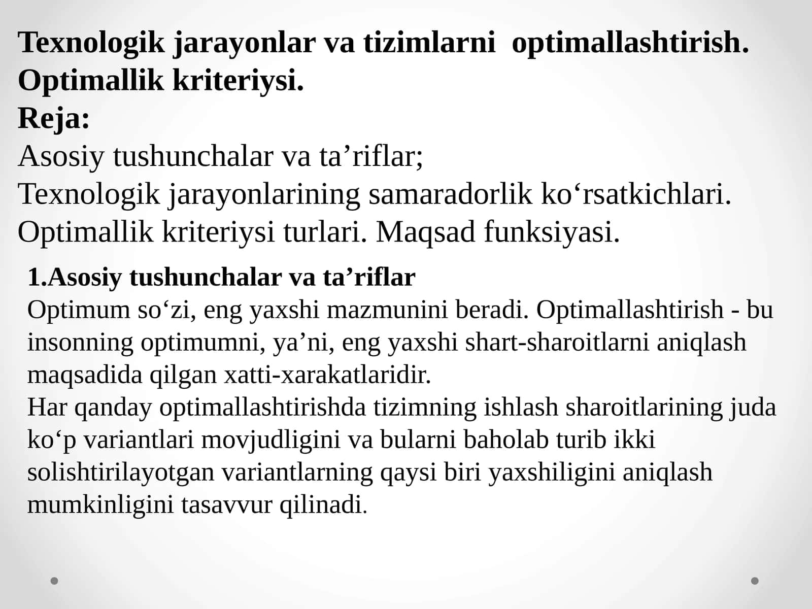 Texnologik jarayonlar va tizimlarni optimallashtirish