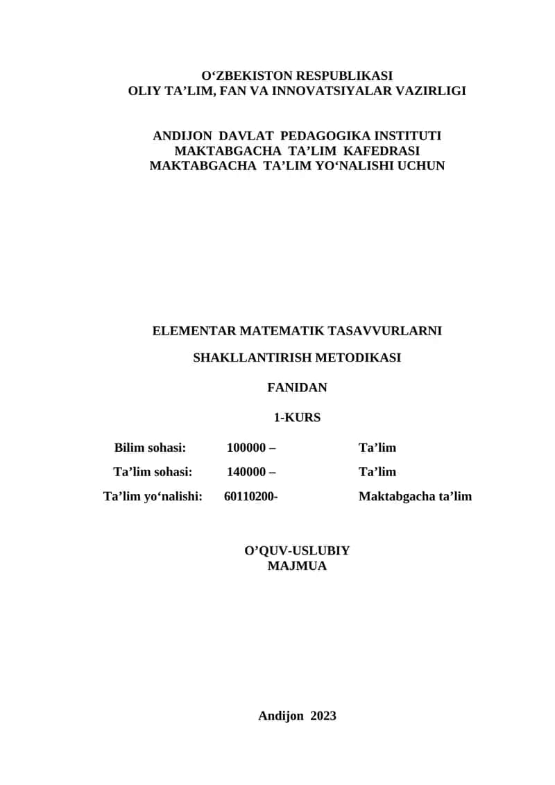 Elementar matematik tasavvurlarni shakllantirish metodikasi