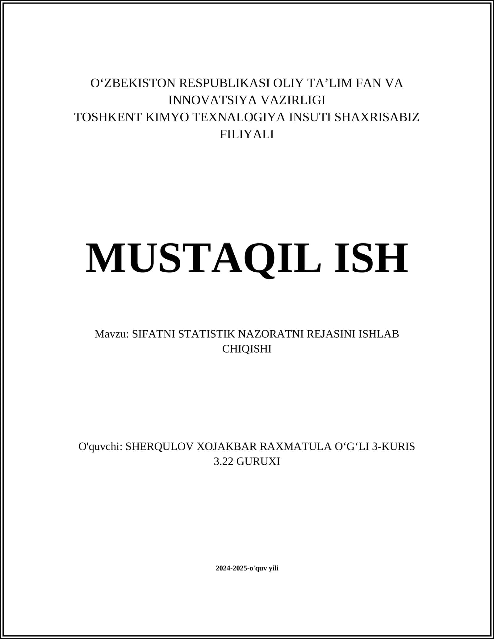 SIFATNI STATISTIK NAZORATNI REJASINI ISHLAB CHIQISHI