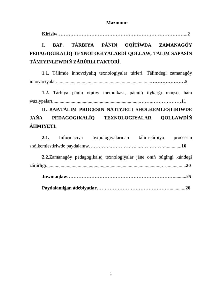 KURS JUMISI TÁRBIYA PÁNIN OQITIWDA INFORMACIYA TEXNOLOGIYALARINAN PAYDALANIW