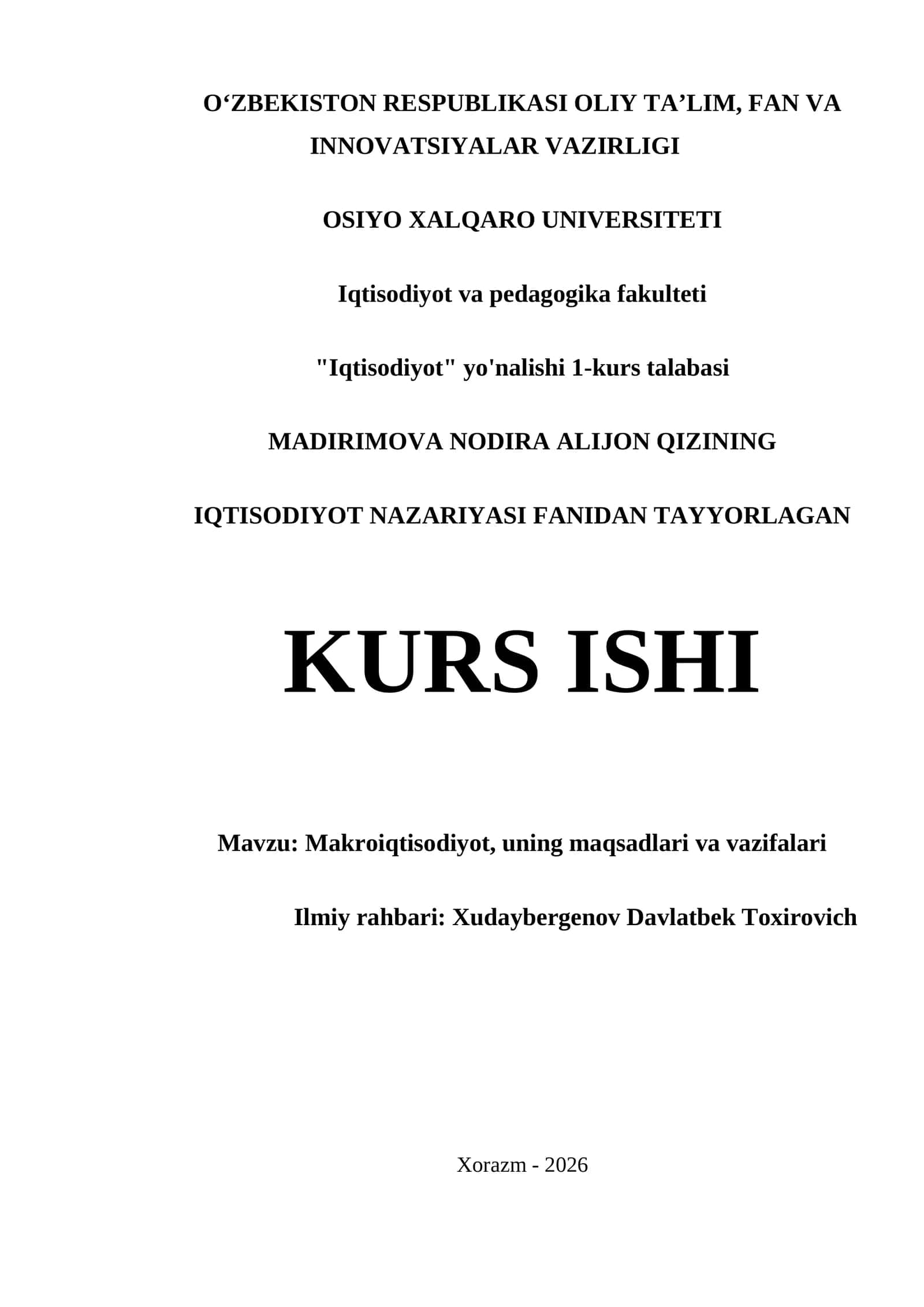 MAKRŞIQTISODİJOT, UNING MAQSADLARI VA VAZIFALARI