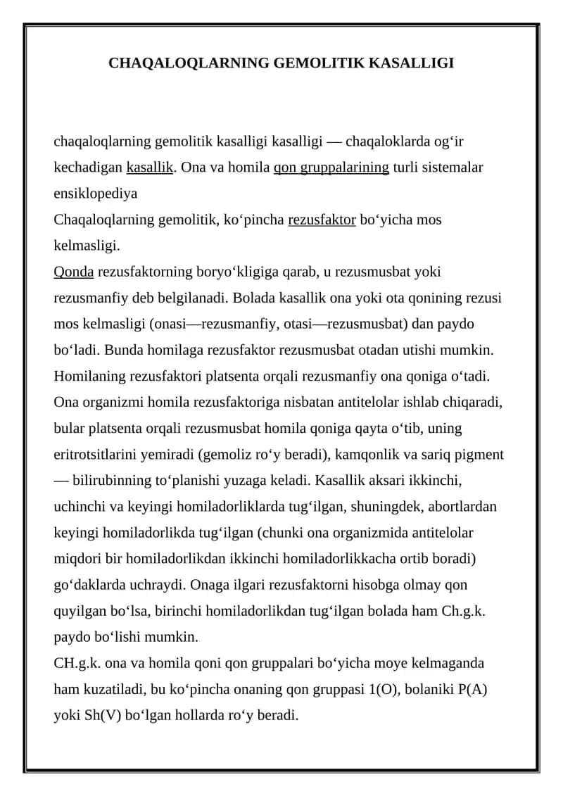 Chaqaloqlarning Gemolitik Kasalligi