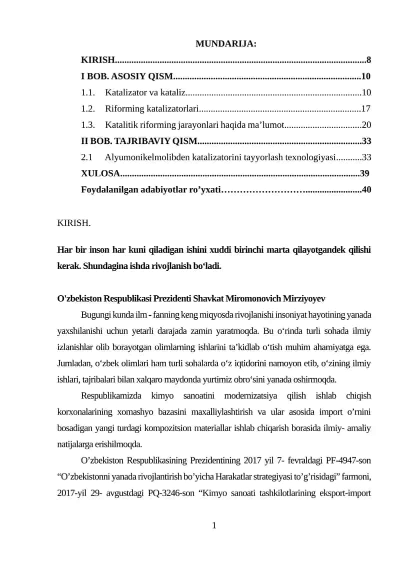Katalitik riforming jarayoni va rivojlanish tarixidan kurs ishi
