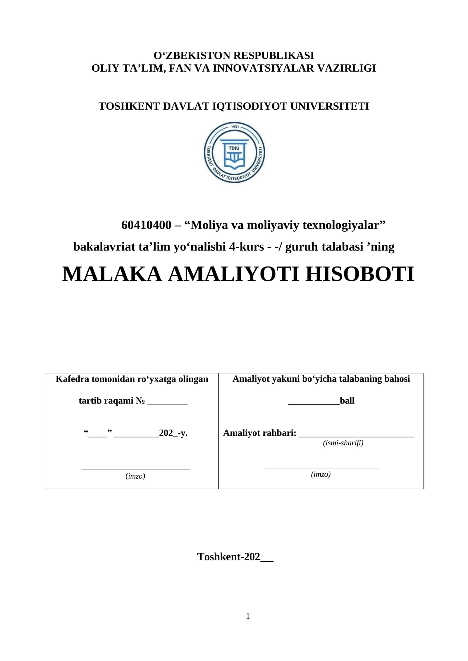 XATB "Davrbank" Olmazor filiali. Amaliyot hisoboti