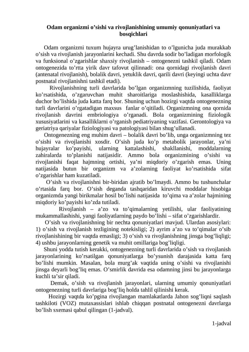 Odamlar organizmi rivojlanishining bosqichlari