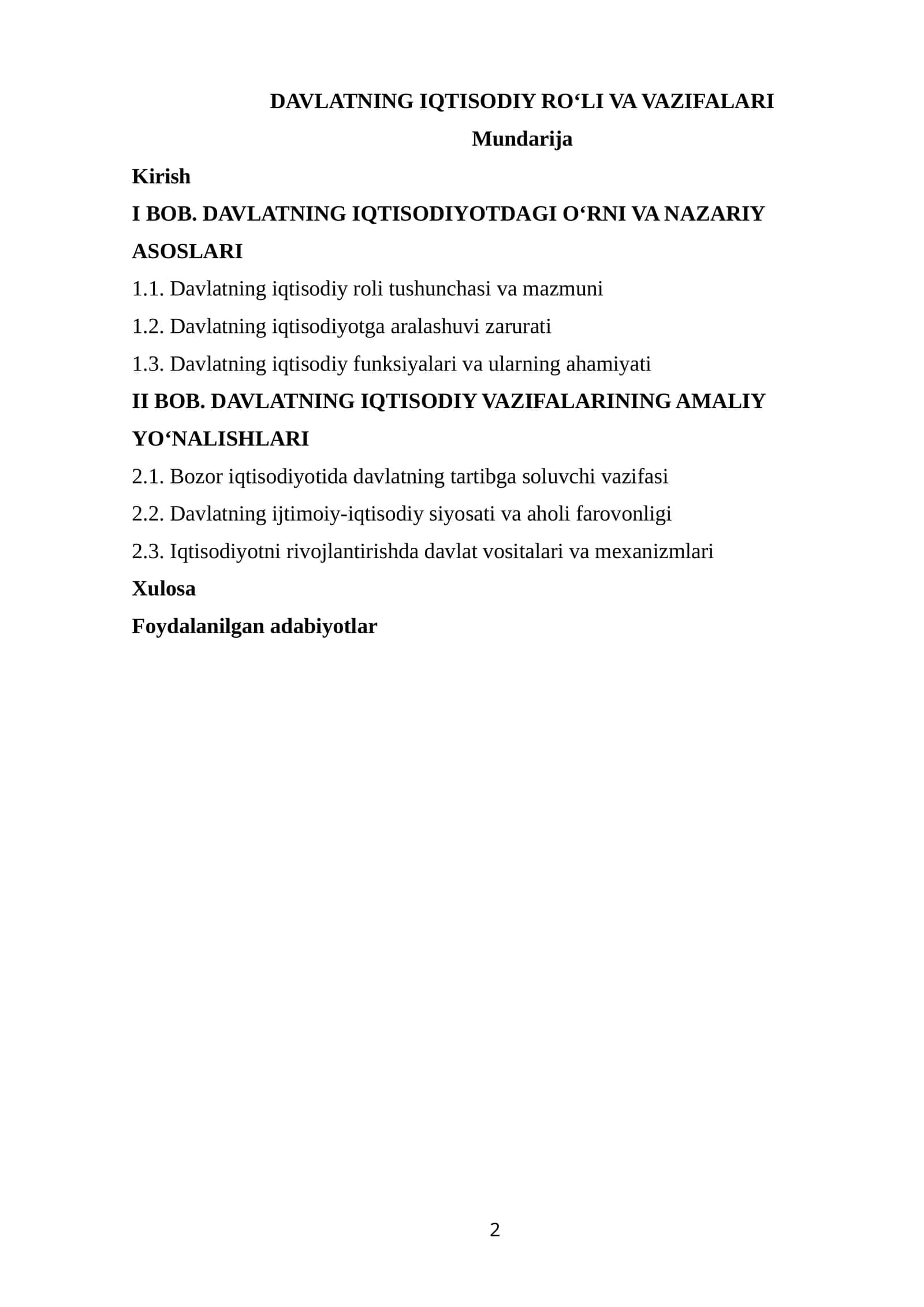 DAVLATNING IQTISODIY RO‘LI VA VAZIFALARI