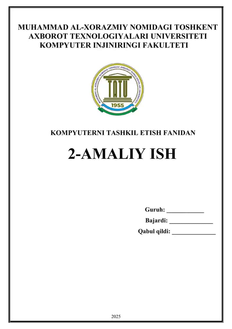 Kompyuterni tashkil qilishning arifmetik asoslari. Turli xil sanoq tizimlarida arifmetik operatsiyalarni bajarish. Buyruqlar tizimining arxitekturasi. Assembler tilining asosiy operatorlari bilan tanishish. tartib raqam 6
