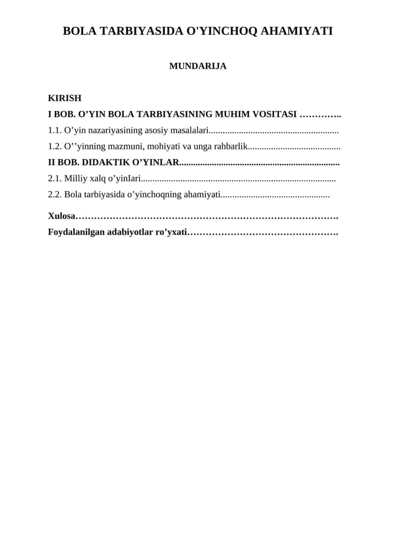 BOLA TARBIYASIDA O'YINCHOQ AHAMIYATI