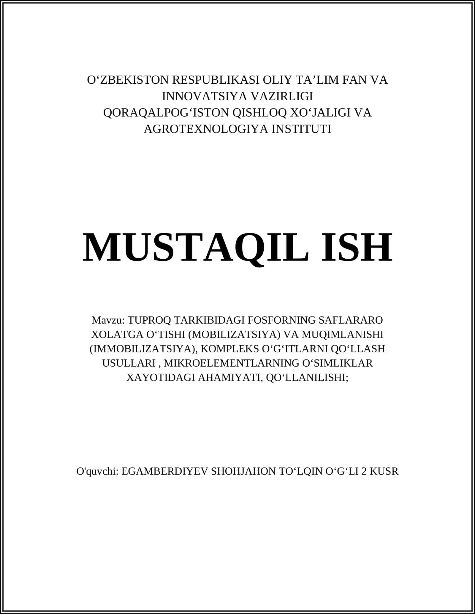 Tuproq Tarkibidagi Fosforning Mobilizatsiyalanishi va Immobilizatsiyalanishi