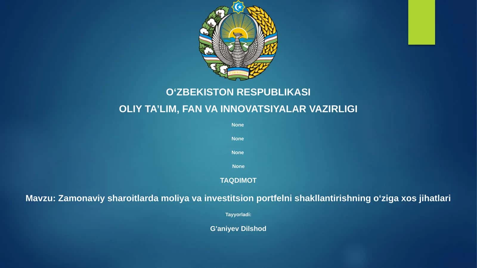 Zamonaviy sharoitlarda moliya va investitsion portfelni shakllantirishning oʻziga xos jihatlari